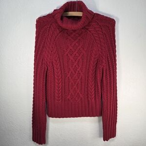 Express Hand Knit Red Size L 100% Merino Wool Turtleneck Cable Knit Sweater